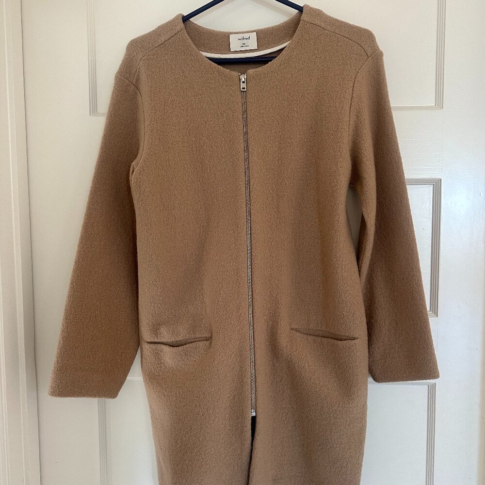 Wilfred Aritzia Banville Merino Wool Coat Womens XXS Zip Collarless Camel Tan